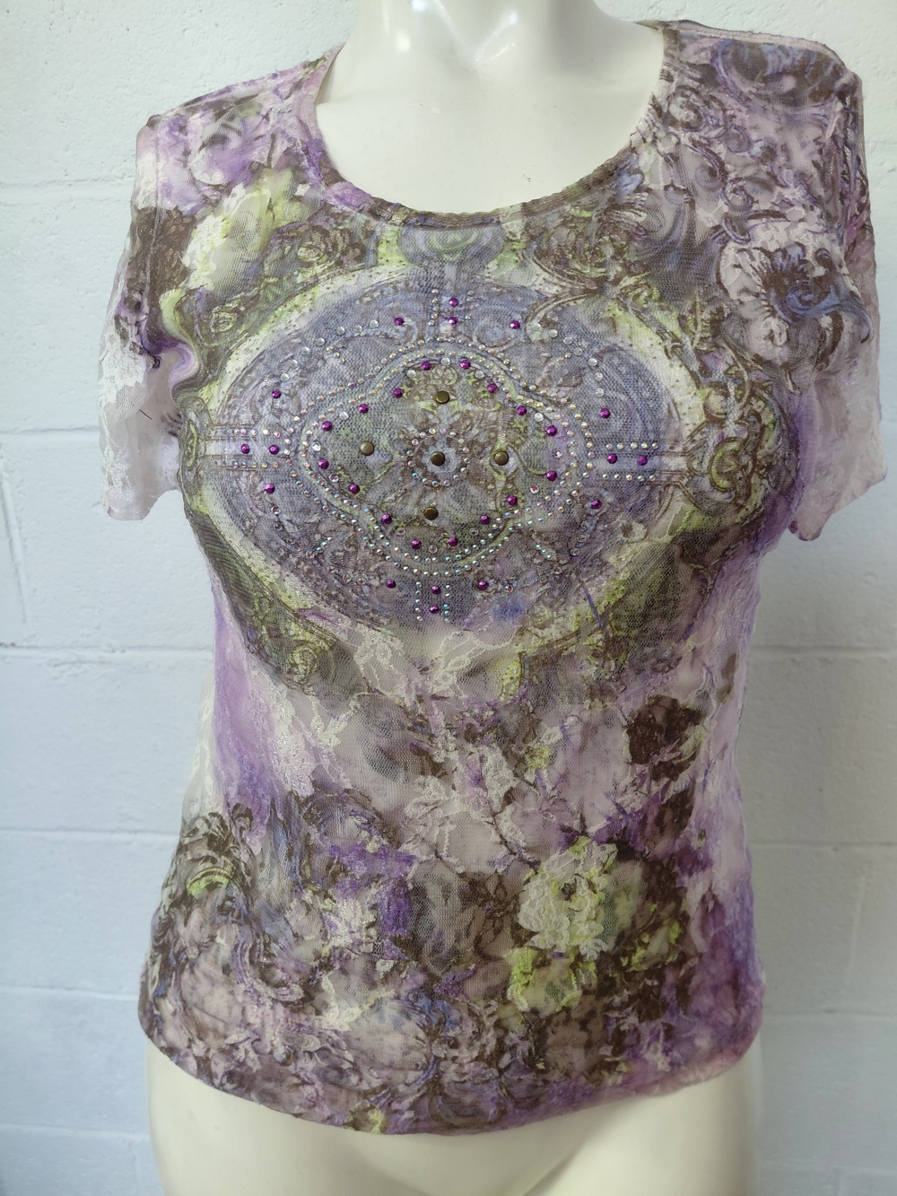 Christopher & Banks Lavender Floral Jewel-Embellished Short Sleeve Top